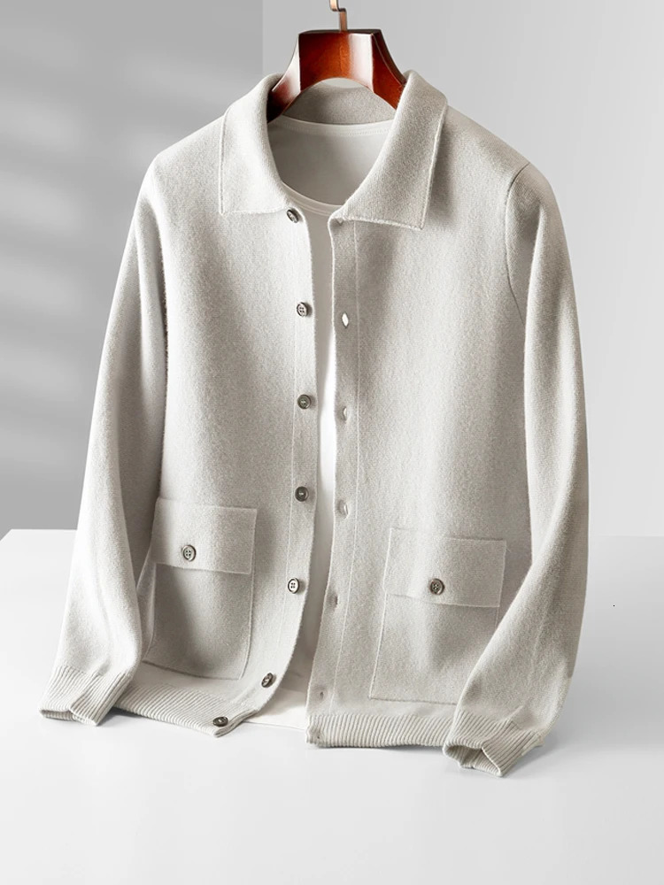 Spring Autumn 100 Merino Wool Knitwear Men Sweater High Quality Turndown Collar Single Breasted Solid Color Cardigan Soft Tops 250929