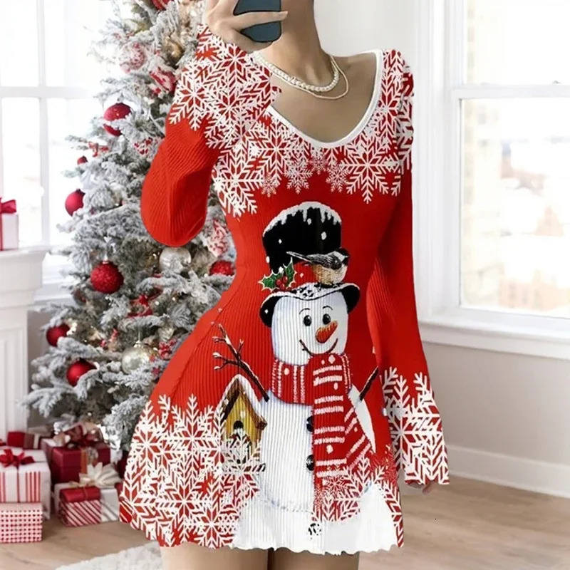 Elegant Evening Dress Woman Casual Long Sleeve Printed Christmas Dress Red Slim Bodycon Dresses For Women Casual Mini Dress 250930