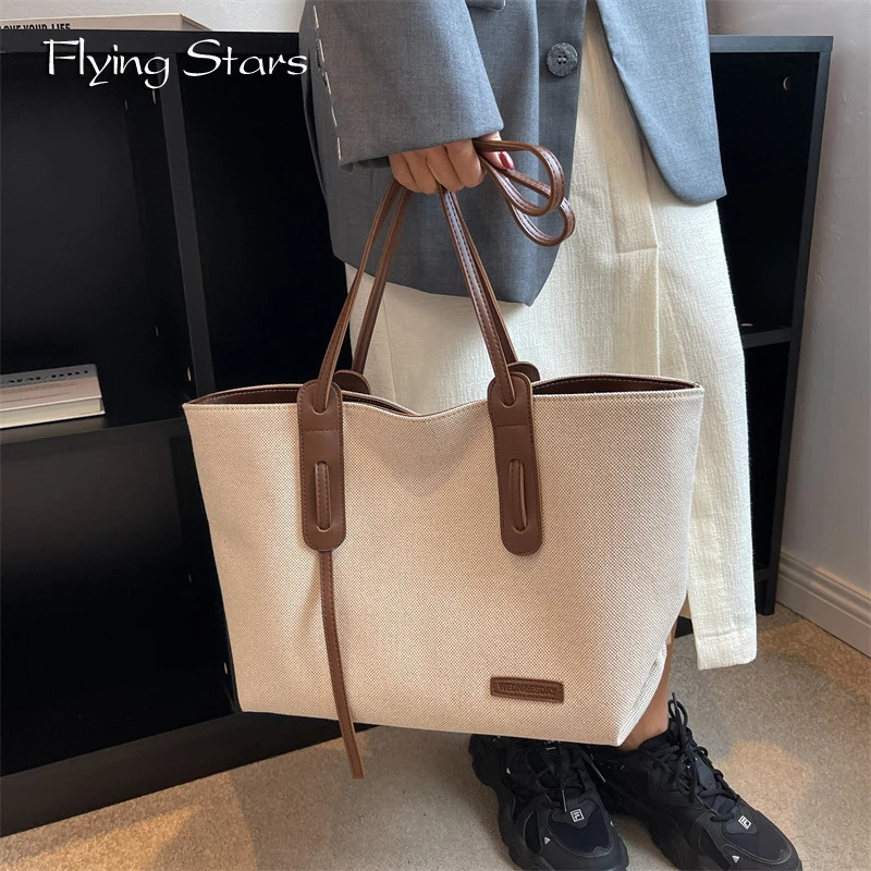 Young Womens Tote Bag Large Capacity Canvas College Student Book Handbag Womens White Shoulder Bag Fashionable Work Handbag 250929