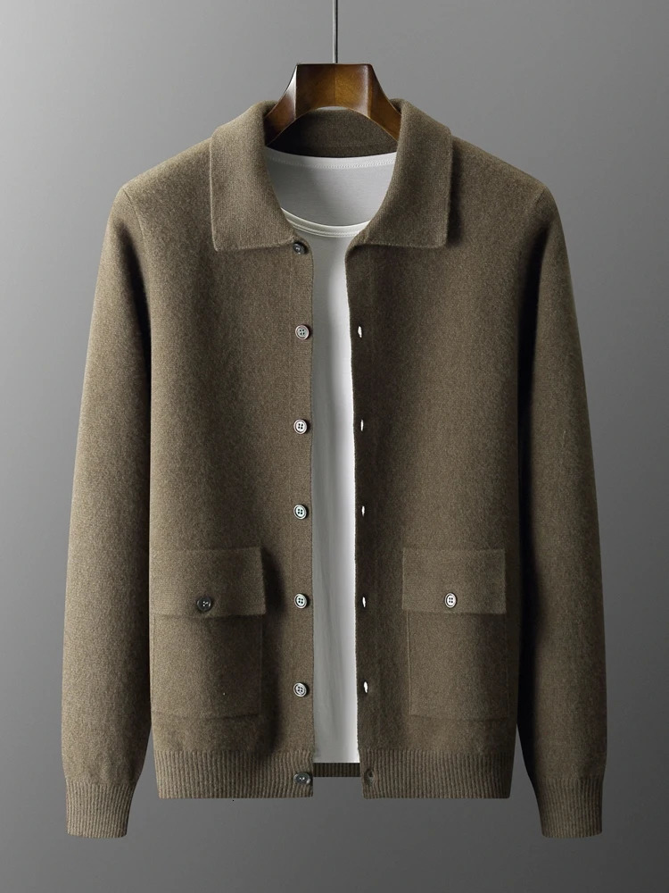 Autumn Winter Mens Sweater Cardigan 100 Merino Wool Knitwear Polo Collar Coat Button Pockets Cashmere Comfortable Clothing Top 250929