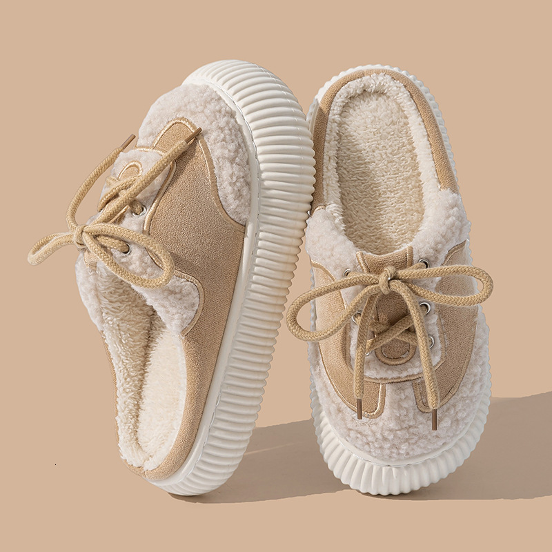Korean Style Thick-Soled Winter 2025 New Plush Half for Women Outdoor Lace-Up Closed-Toe Cotton Slippers ddmymarket