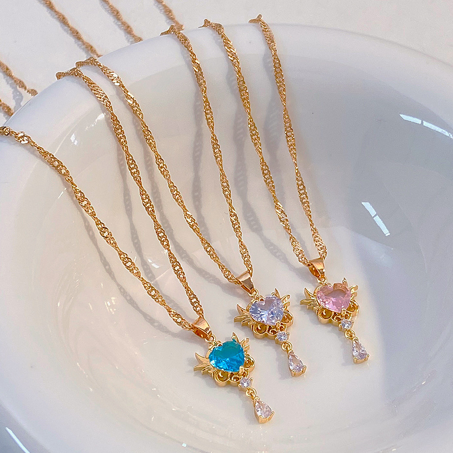 New Guardian Angel Necklace INS Style Personality Temperament Pink Crystal Heart Water Drop Pendant Collarbone Chain