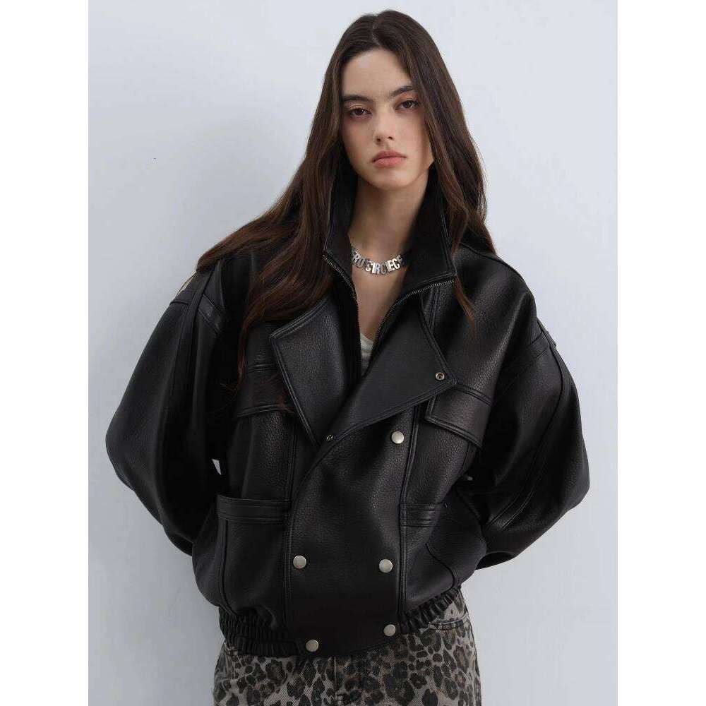 Black Short Genuine Leather Jacket for Women Spring Autumn High-end Simple Zipper Stand Collar Casual Bubble Real Sheepskin Coat