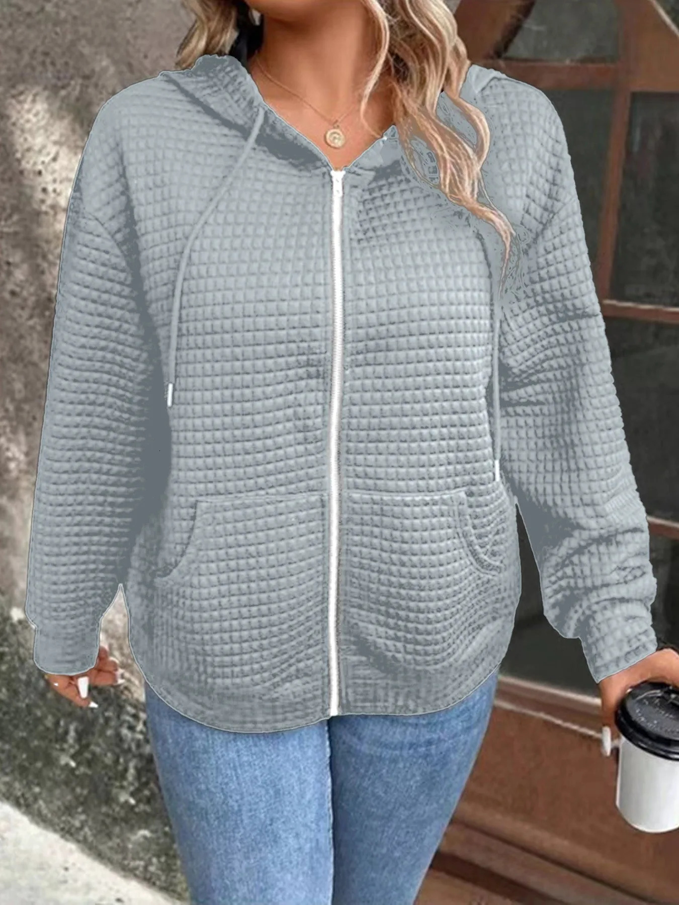 Plus size European and American crossborder autumn casual solid color pocket zipper hooded jacket 250930