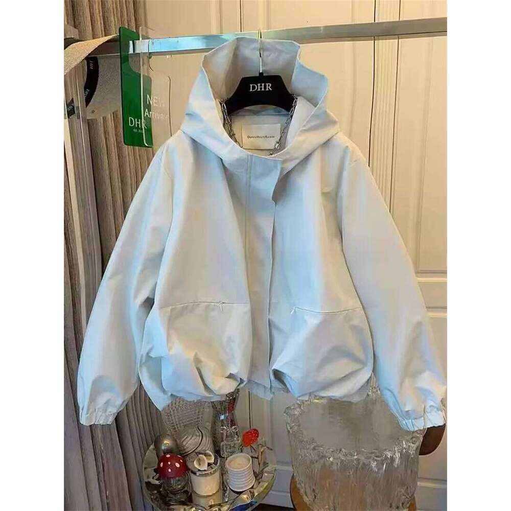 Unique Women Spring Autumn Hooded Short Jacket Casual Drawstring Pocket Windbreaker Loose Zipper Basic Coat