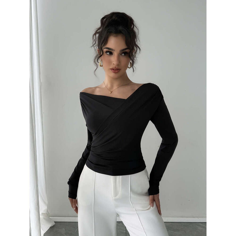 2025 Autumn Winter New Solid Color Fashion Asymmetrical Neck Off-Shoulder Slimming Long Sleeve Versatile Commuter Top