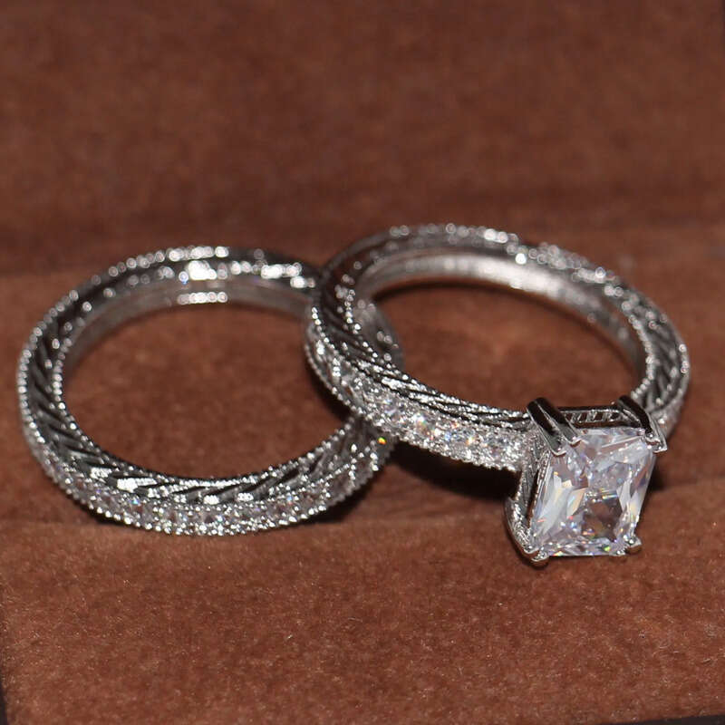 Size 5-10 Vintage Fashion Jewelry 10KT Gold Filled princess Cut 5A White Topaz CZ Dia Retro Women Weding Bridal Band Ring Set Gift
