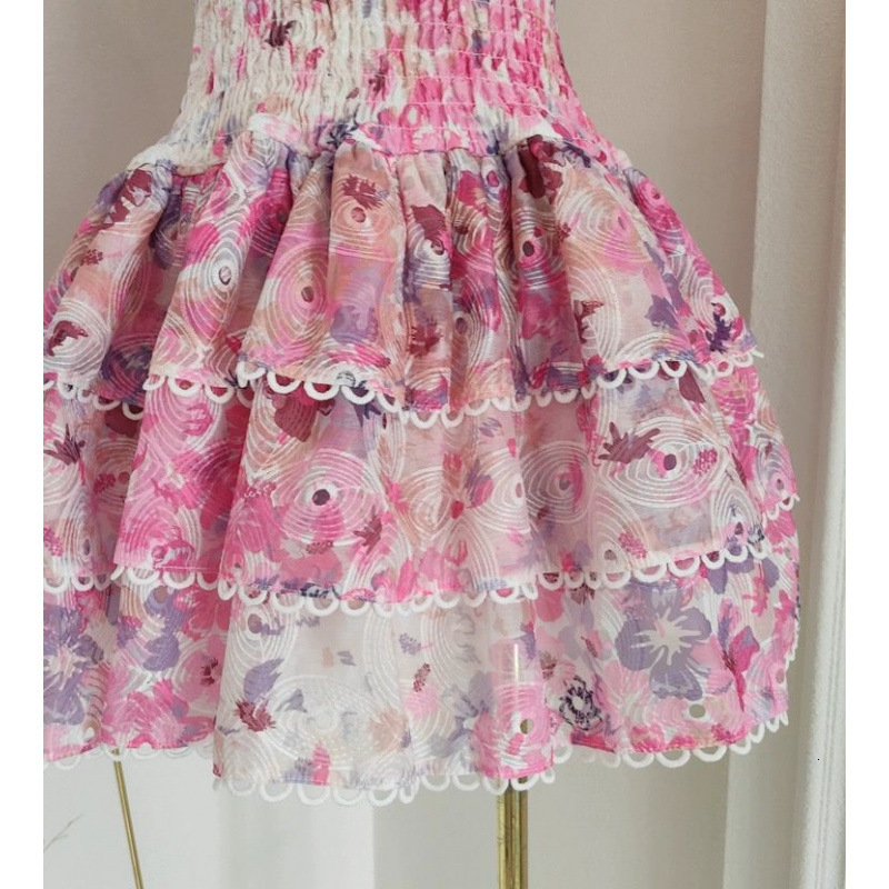 Australian Niche Design Sense High-end Beach Embroidery Print Hollow-out Ruffle Strapless Slimming Dress dongdumaoyi