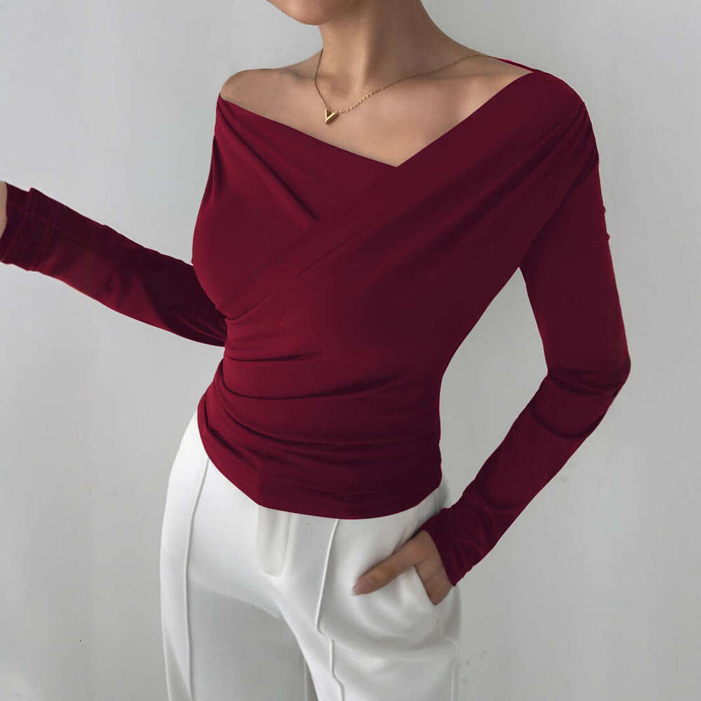 2025 Autumn Winter New Solid Color Fashion Asymmetrical Neck Off-Shoulder Slimming Long Sleeve Versatile Commuter Top