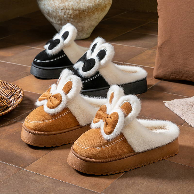 Butterfly Knot Thick-Soled Shoes for Women, Outdoor Wear, 2025 New Winter Indoor Home Fleece-Lined Warm Cute Cotton Slippers ddmymarket