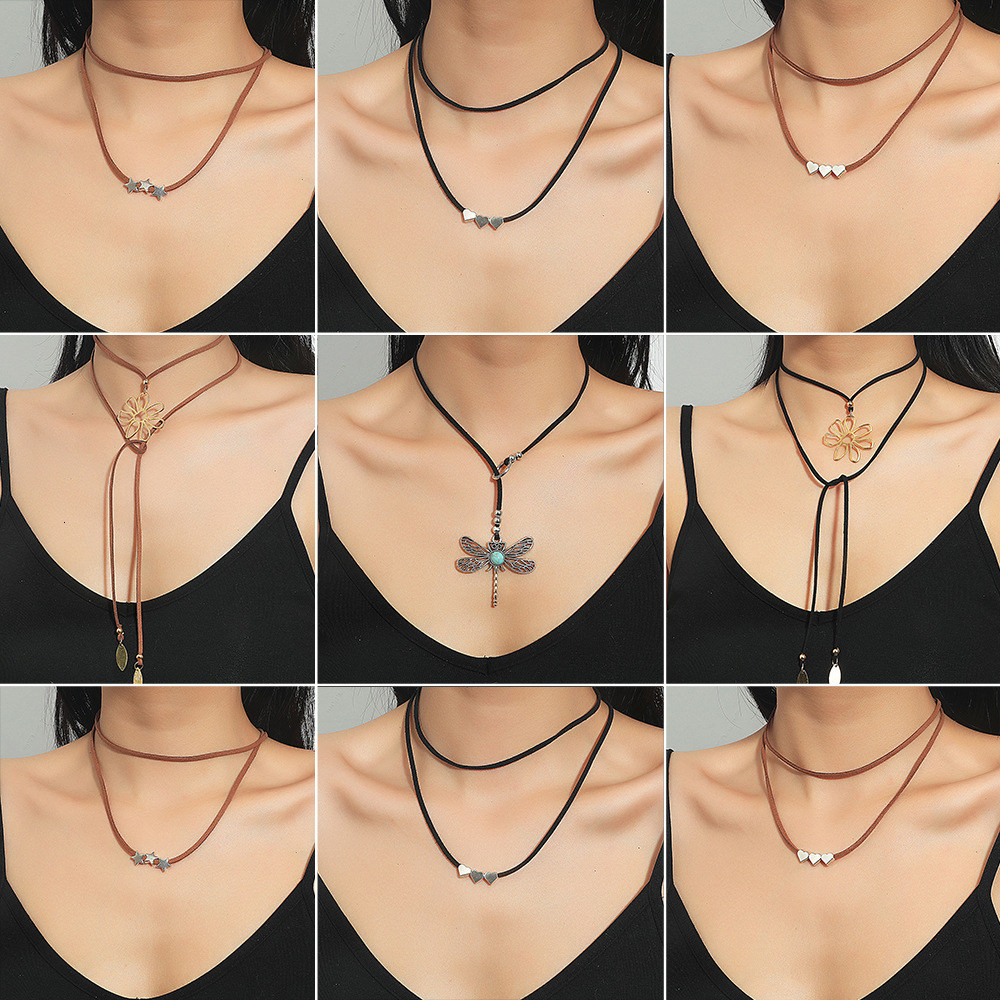 Minimalist Black Handwoven Double Layer Necklace Metal Star Heart Dragoy Choker Niche Design