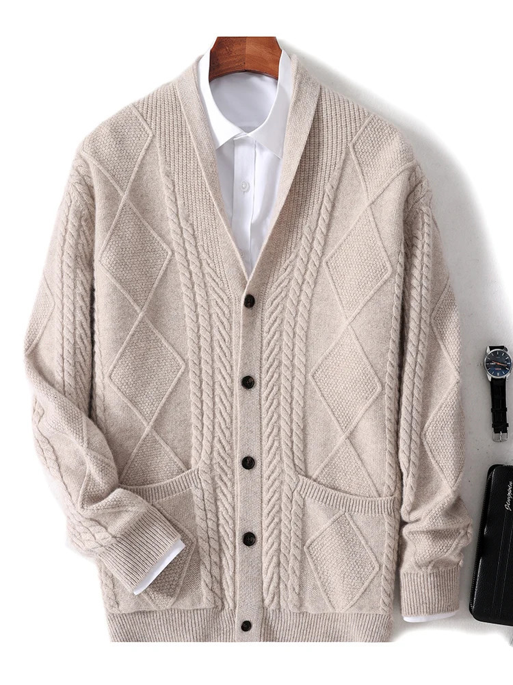 Men Wool Sweater Cardigan Smart Casual Autumn Winter Long Sleeve 100 Merino Knitwear Thick Cashmere Soft Twist Flower Tops 250929