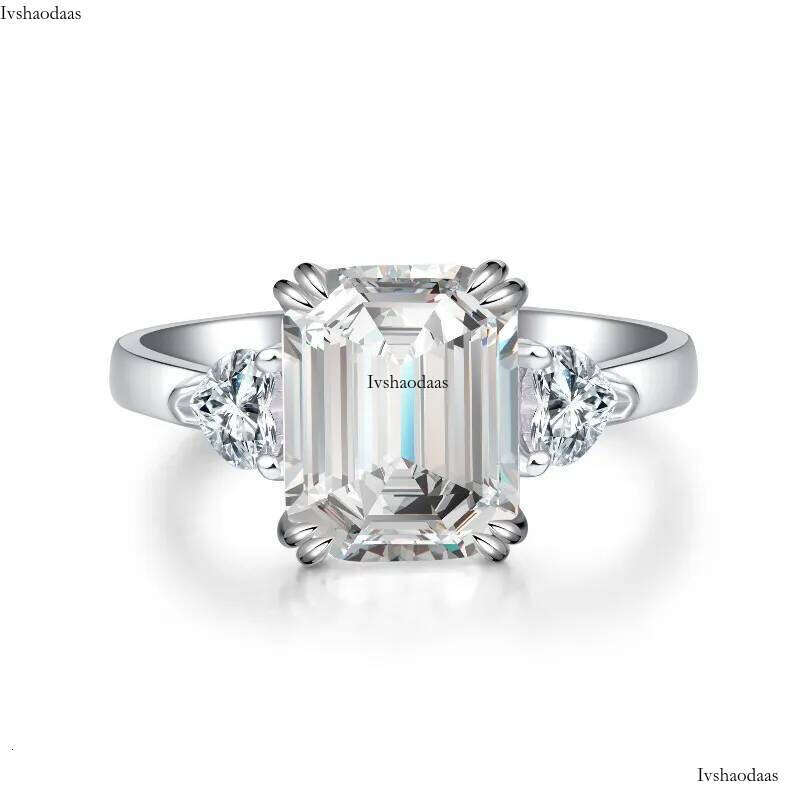 4CT Moissanite Dia Wedding Rings Jewelry Stunning Real 100% Sterling Sier Emerald Cut Gemstones Party Eternity Women Bridal Ring For Lover Gift