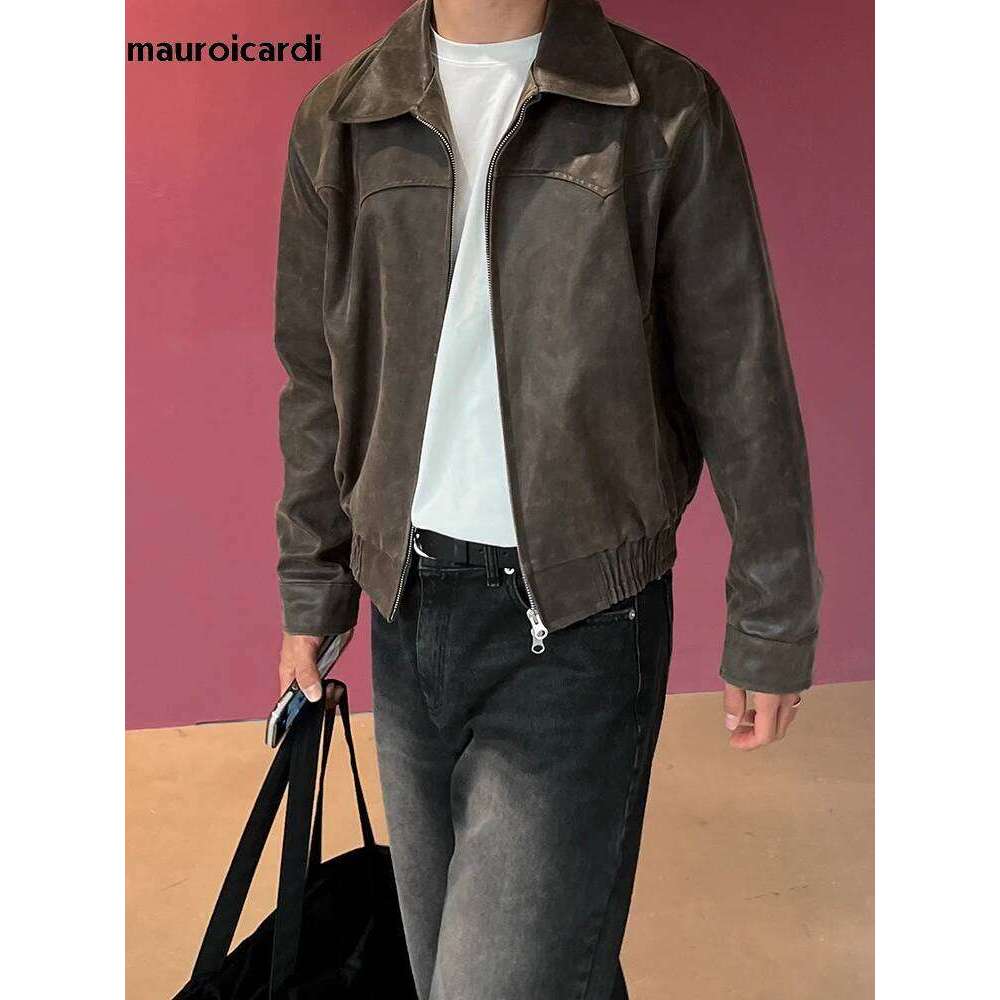 Mauroicardi Spring Autumn Vintage Lightweight Distressed Washed Brown Pu Leather Jacket Men Zipper Casual Korean Fashion Clothes