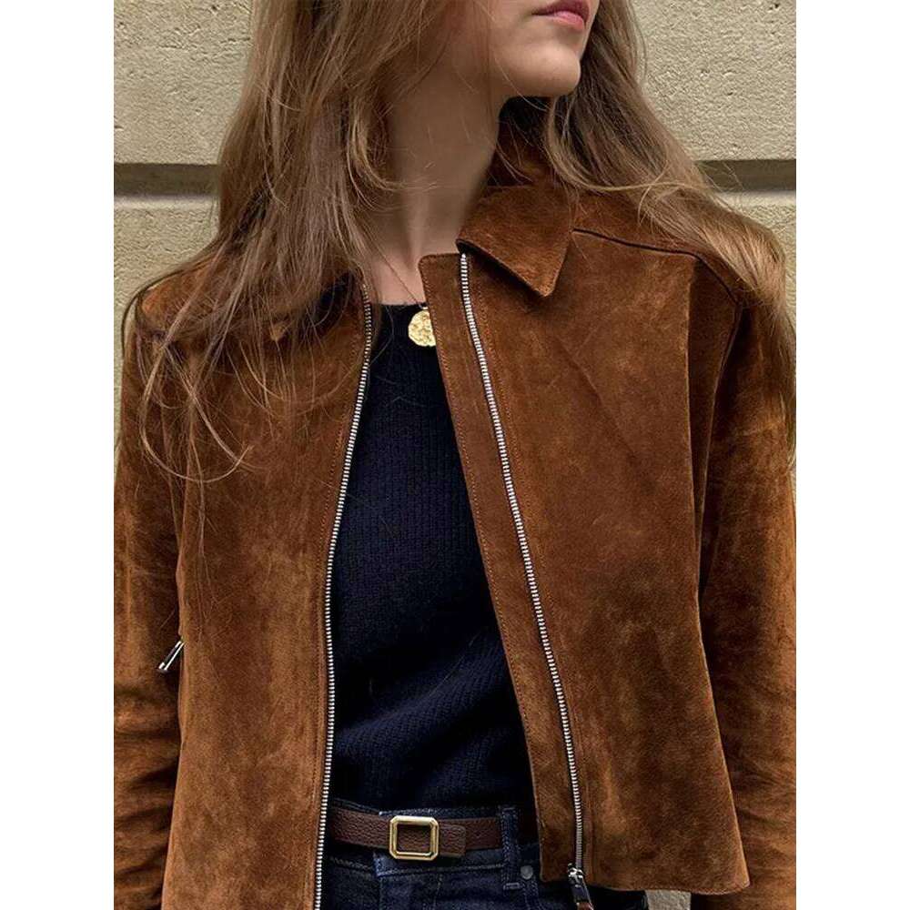 Vintage Women's Zipper Suede Short Jacket Long Sleeve Lapel Pockets Brown Slim Coat 2025 Autumn Lady All-Match Outwears
