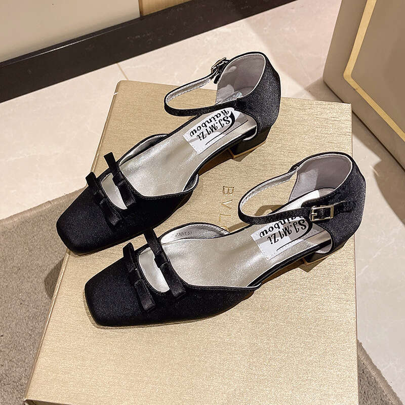 2025 Spring New French Style Toe Silver Designer Shoe Rhinestone Square Buckle Single Bowknot Chunky heel Mary Jane Shoes Fashion Sandals