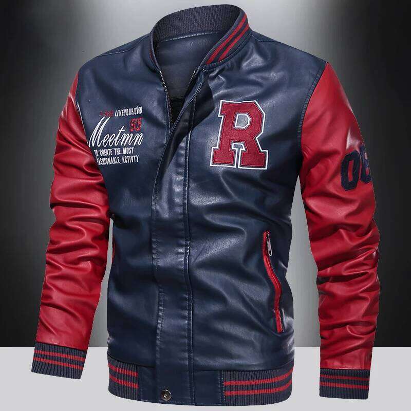 Spring And Autumn Men's Motorcycle Fleece-lined Suit Leather Color Blocking American Baseball Collar Pilot Casual PU Leather Jacket