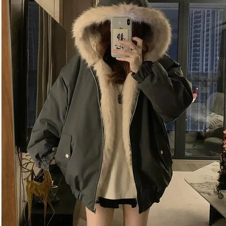 DoubleSided Warm Fur Coat Women Autumn Winter Loose Thicken Plush Cotton 2025 Hooded Mink Outwear 250930