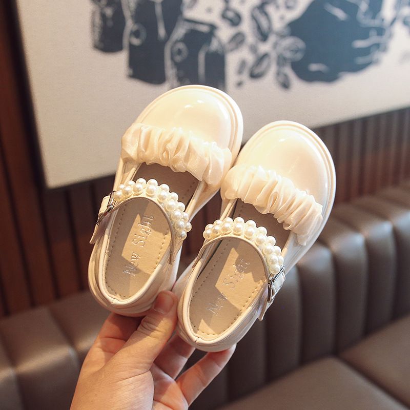 Girls Leather Kids Shoes Mary Jane Glossy Pearls and Bow Solid Color Baby Casual Princess Shoes Kidszworld for Children Party Wedding Flats Dress Shoe
