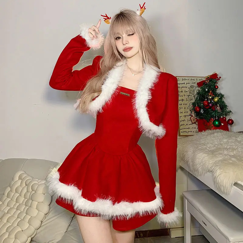 Christmas Party Spicy Girl Atmosphere Holiday Strapless Dress Plush Border Cardigan Long Sleeved Jacket 250930