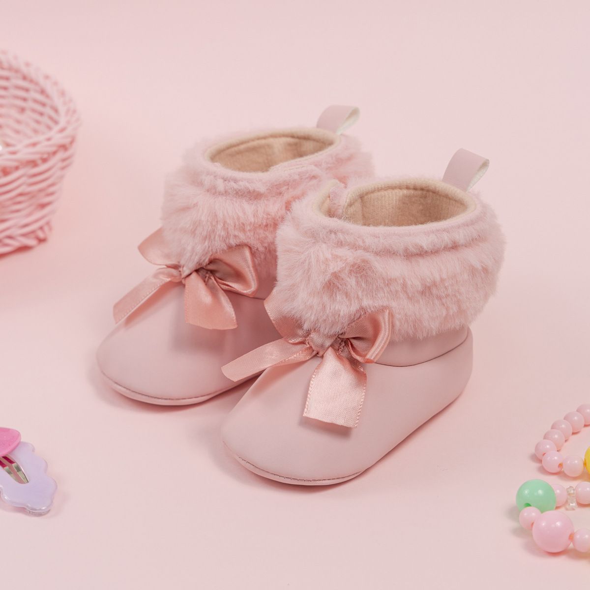 Pink Toddler With Bow Velvet Fluzzy Autumn Winter Baby Snow Boots Kidszworld Kids Girls Warm Shoes First Walkers Shoes 0-18 Months K0027