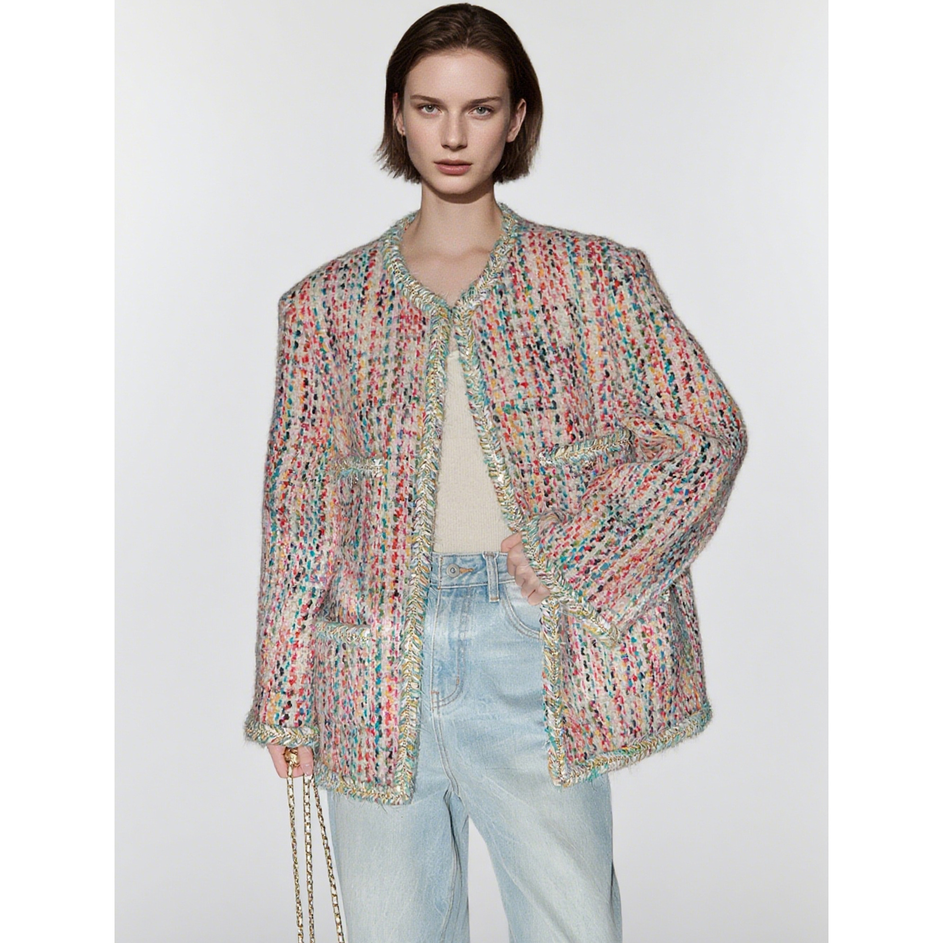 2025 Designer Jacket Color Treasure Yarn Wool Coat Women's Autumn and Winter New Collection Handmade Knitted Coarse Wool design Short Top Luxury 