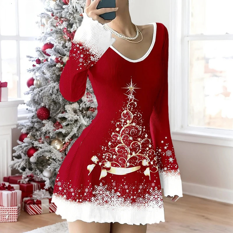 Elegant Evening Dress Woman Casual Long Sleeve Printed Christmas Dress Red Slim Bodycon Dresses For Women Casual Mini Dress 250930