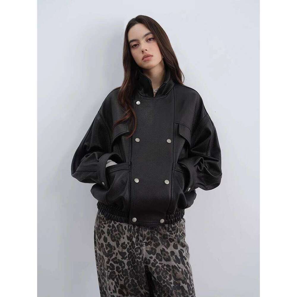 Black Short Genuine Leather Jacket for Women Spring Autumn High-end Simple Zipper Stand Collar Casual Bubble Real Sheepskin Coat