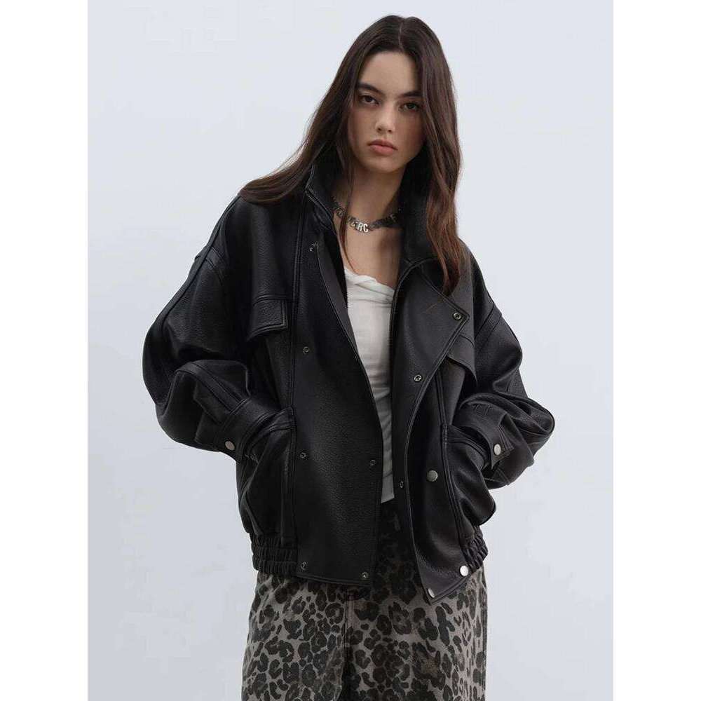 Black Short Genuine Leather Jacket for Women Spring Autumn High-end Simple Zipper Stand Collar Casual Bubble Real Sheepskin Coat