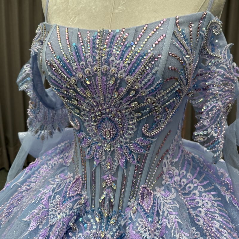 Blue Quinceanera Dresses Off The Shoulder Applique Lace Beading Crystal Bow Tull Party Birthday Sweet 16 Dress Vestidos 15 De Anos