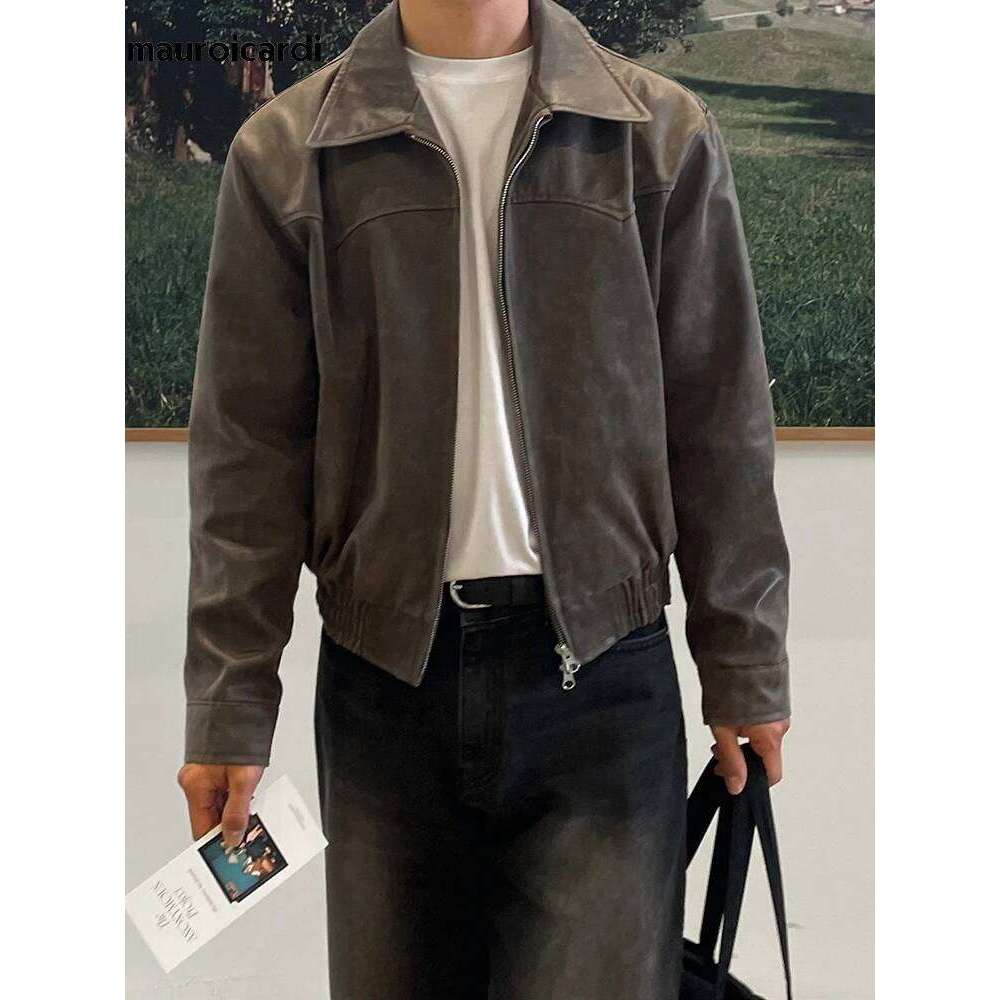 Mauroicardi Spring Autumn Vintage Lightweight Distressed Washed Brown Pu Leather Jacket Men Zipper Casual Korean Fashion Clothes