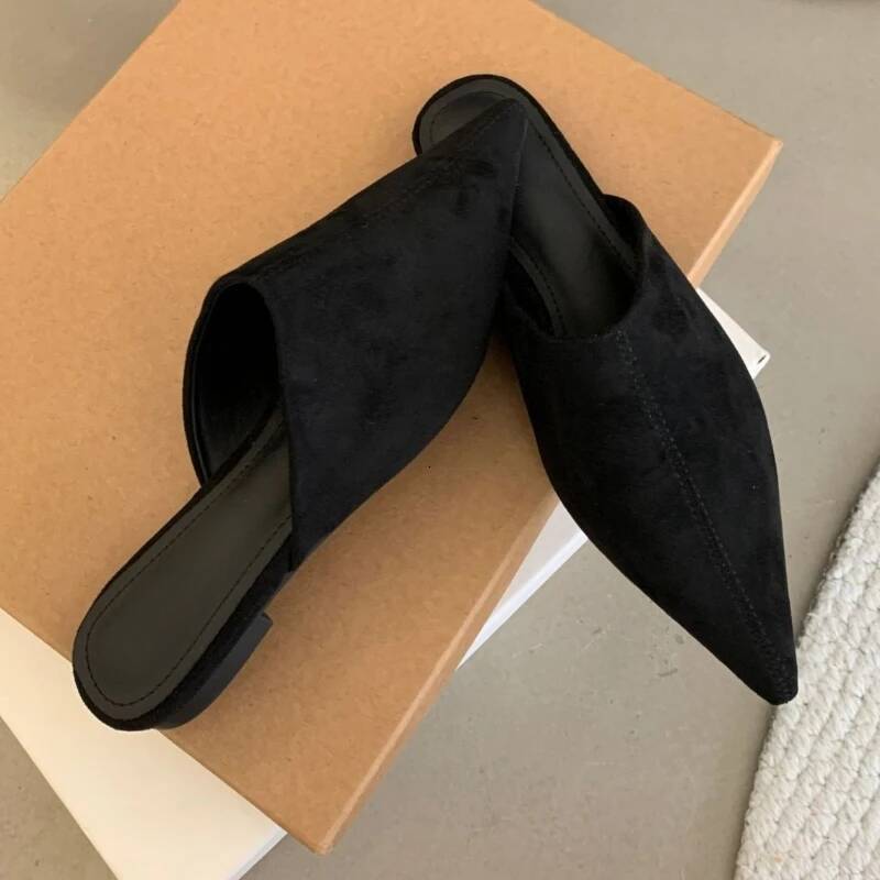 Retro Faux Suede Pointed Toe Low Heel Mule Slippers for Women Fashion Summer Flats Beach Sandals Casual Comfortable House Shoes ddmythur
