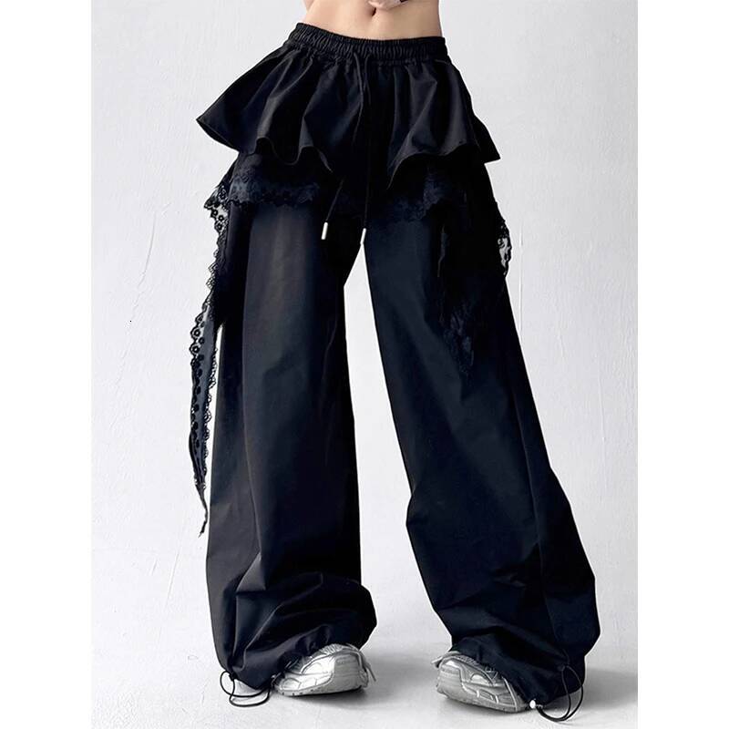 Y2K Black Cargo Women Streetwear Lace Patchwork White Wide Leg Pants Summer Gyaru Haruku Korean Baggy Trousers New dongdumaoyi