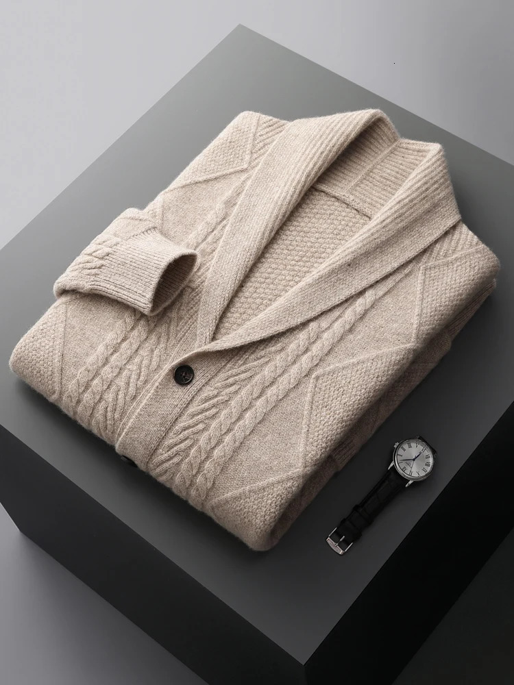 Men Wool Sweater Cardigan Smart Casual Autumn Winter Long Sleeve 100 Merino Knitwear Thick Cashmere Soft Twist Flower Tops 250929