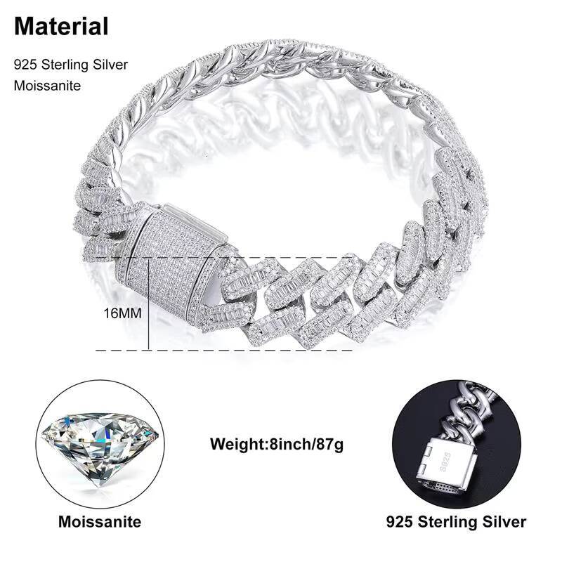 Iced Out Rappers Jewelry Hiphop Men 16mm 925 Sterling Silver VVS Baguette Moissanite Diamond Miami Cuban Link Bracelet