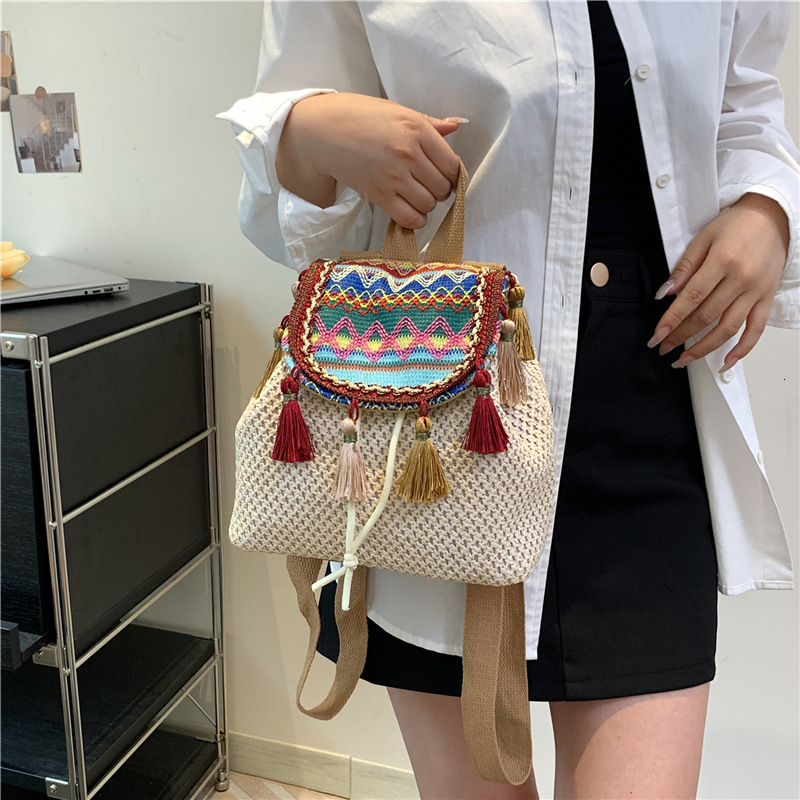 Designer Bag Ethnic Style Luxury Bag Cross-border Backpack For Women 2024 New Wholesale Woven Vintage Bag Fashion Color-block Casual Travel Bag