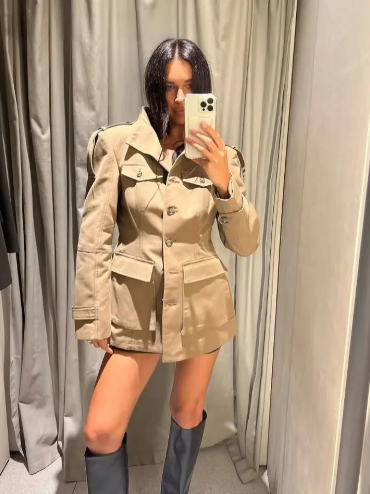 Tidalyf 2025 Women Casual Jacket High Neck Single Button Shoulder Strap Cuff Pocket n Chic Fashion Autumn 250930