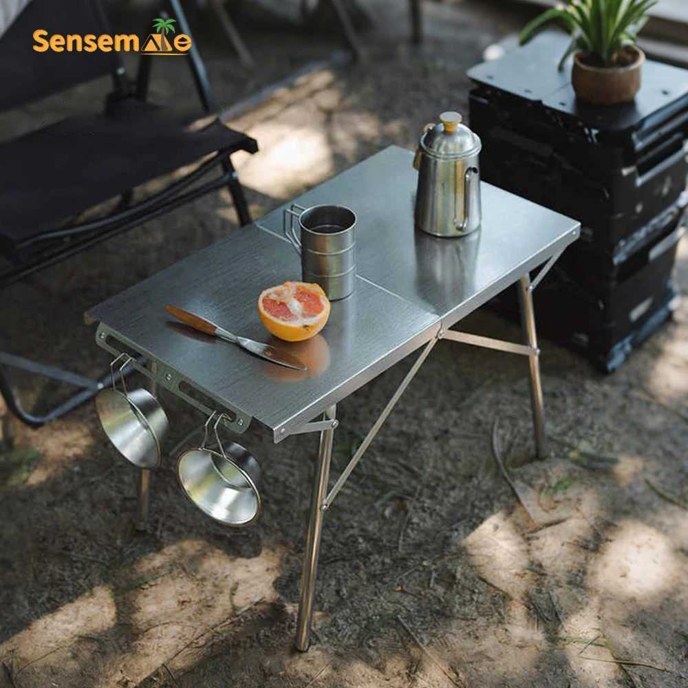 Quick Open Folding Camping Table Stainless Steel Portable BiFold Table with Side Handle for BBQ Beach Picnic Outdoor Heavy Duty J250930