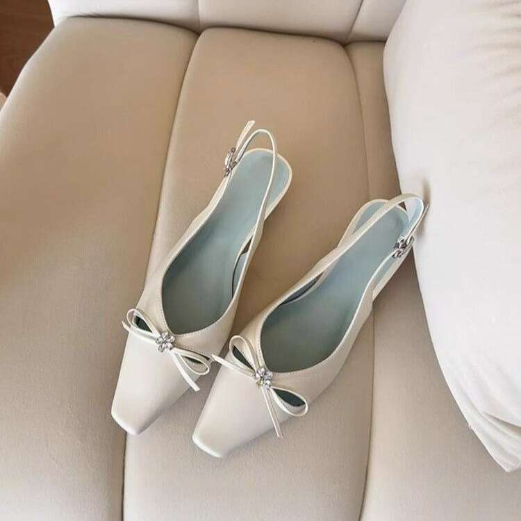 French Style Rhinestone Bow Hollow High Designer Shoe One-Strap Closed-Toe Sandals for Women Thick heel Backless Single Mid-heel Women's Shoes