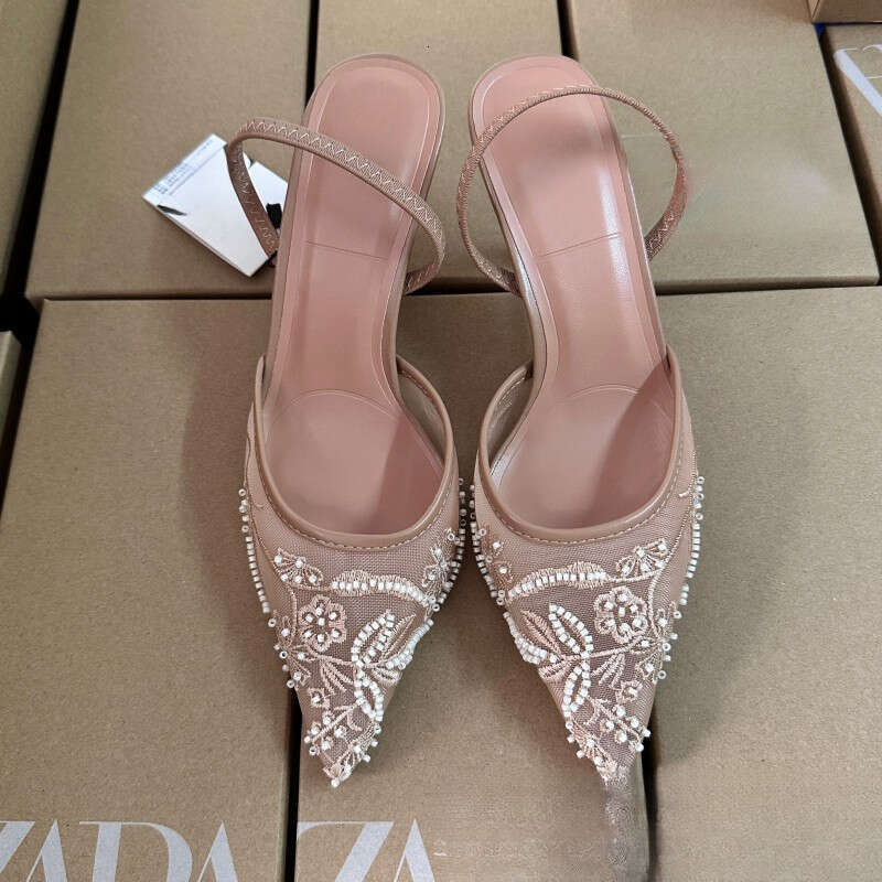 White High Heels for Mesh Embroidery Pointed Stiletto Closed Toe Sandals Women Back Strap Mules Wedding Shoes