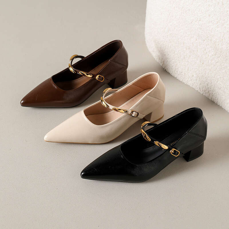 Designer Shoe Korean Style Chunky heel Mary Jane Women's 2025 New Autumn Pointed Toe Shallow Mouth Single Strap Shoes
