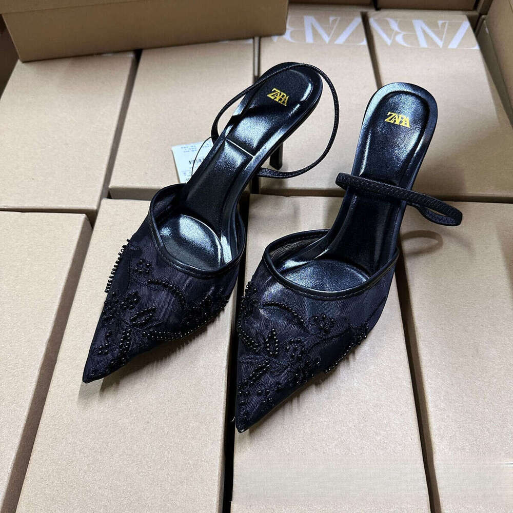 White High Heels for Mesh Embroidery Pointed Stiletto Closed Toe Sandals Women Back Strap Mules Wedding Shoes