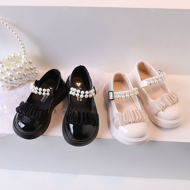 Girls Leather Kids Shoes Mary Jane Glossy Pearls and Bow Solid Color Baby Casual Princess Shoes Kidszworld for Children Party Wedding Flats Dress Shoe