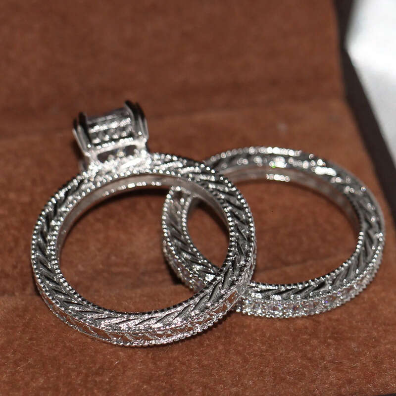 Size 5-10 Vintage Fashion Jewelry 10KT Gold Filled princess Cut 5A White Topaz CZ Dia Retro Women Weding Bridal Band Ring Set Gift