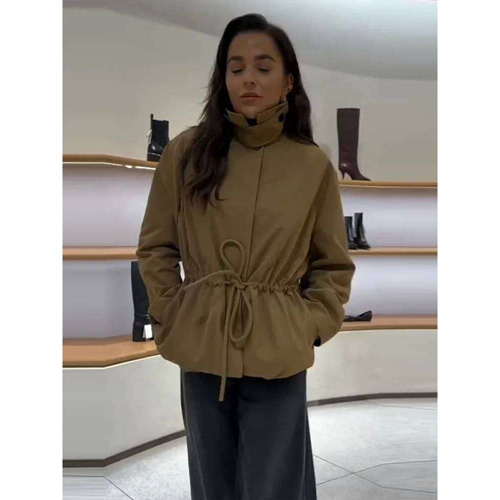Women Solid Drawstring Short Jackets Stand Covered Button Long Sleeve Waist Casual Coat Fashion High Street Autumn Winter Coats