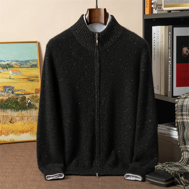 550g 100 Pure Cashmere Sweater Mens DoublePly Thickened Golden Bean Yarn Cardigan Loose Knitted Base Shirt 250929