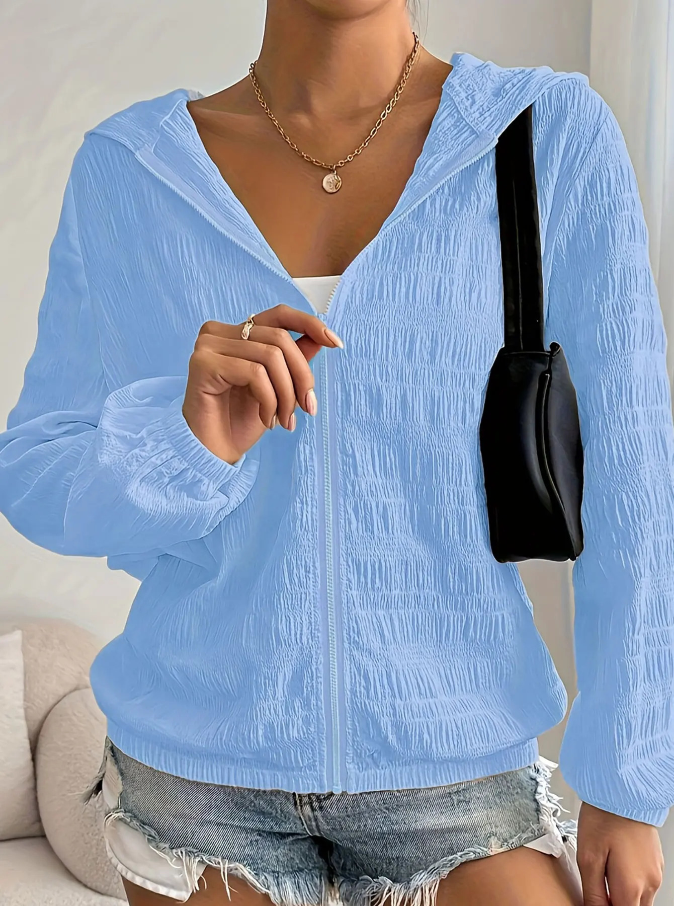 Sky blue Womens Oversized Woven Hooded Casual Jacket Loose Fit Comfortable Outerwear for All Season ssky 250930