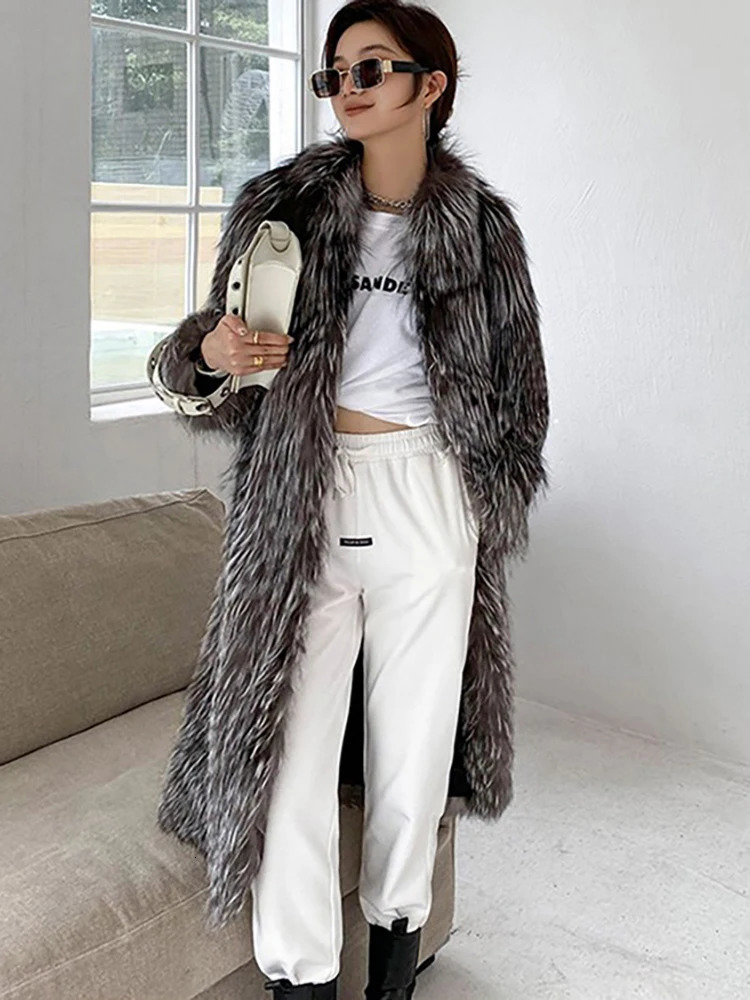 DEAT Fashion Silver Color Fur Long Coat Womens Lapel Loose Plush Thick Jacket Winter 7A1411 250930