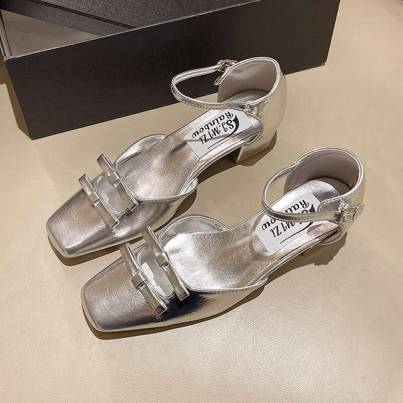 2025 Spring New French Style Toe Silver Designer Shoe Rhinestone Square Buckle Single Bowknot Chunky heel Mary Jane Shoes Fashion Sandals