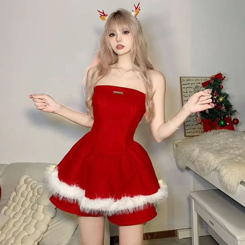 Christmas Party Spicy Girl Atmosphere Holiday Strapless Dress Plush Border Cardigan Long Sleeved Jacket 250930